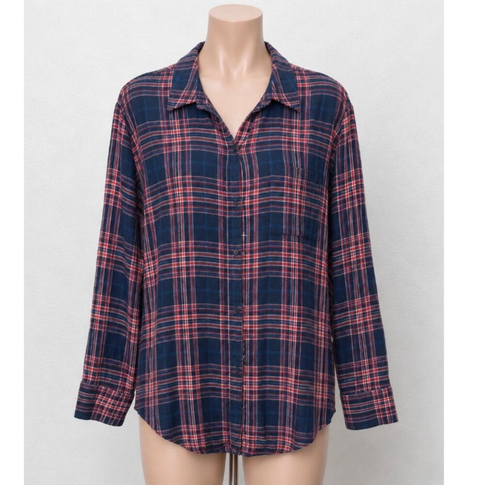 Treasure & Bond Navy Red White Plaid Collared Button Down Boyfriend Shirt L